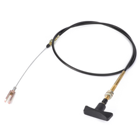 The AGCO Massey Ferguson Hitch Cable - 3815365M92, featuring a black push-pull control cable with a T-shaped handle on one end and metal fittings on the other, is commonly utilized for mechanical control applications and is often found in Massey Ferguson tractors.