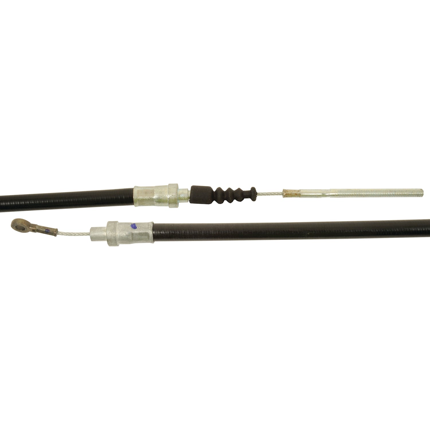 Close-up image of two ends of a black Sparex Hitch Cable (Part No. S.43794, Length: 1710mm), featuring an eyelet on one end and a coated spring section. Perfect for Fiat vehicles.