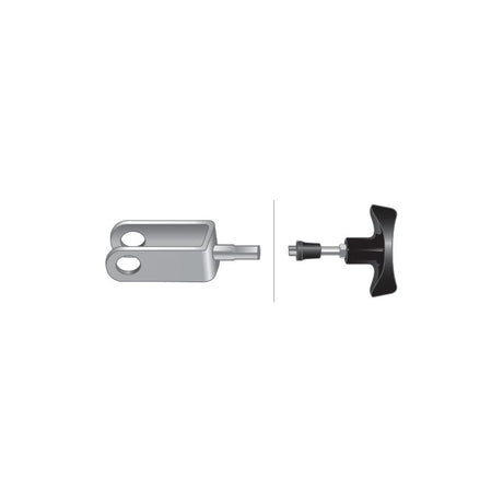 Two mechanical components: one is part of the "Sparex Hitch Cable" (Part No. S.43902) featuring a double hole and flat, elongated shape resembling a Clevis End on the left, and another with a T-handle and threaded end on the right, separated by a vertical line.