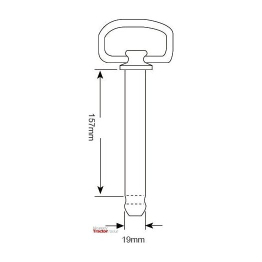 Technical drawing of a Hitch Pin with Chain & Linch Pin, suitable for Massey Ferguson, with a working length of 157mm and pin Ø 19mm (Sparex Part No. S.404).