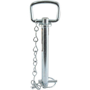 The Sparex Hitch Pin with Chain & Linch Pin 19x157mm (Sparex Part No. S.404) is a metal locking pin attached to a handle by a chain, featuring a working length of 157mm and a pin diameter of 19mm, suitable for Massey Ferguson.