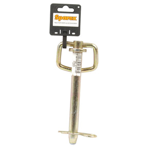 A high-quality Hitch Pin from Sparex, labeled "Sparex Tractor Parts & Accessories," is attached to a black plastic tag with a barcode sticker. This product, known as the Hitch Pin with Chain & Linch Pin (Sparex Part No. S.903013), ensures reliability and durability.