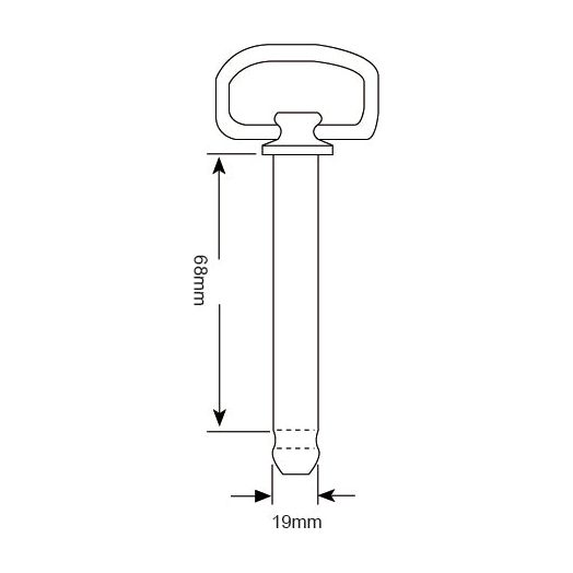 A technical drawing of a Hitch Pin with Chain & Linch Pin, Sparex Part No. S.29260 (dimensions: 68mm height and 19mm pin diameter).
