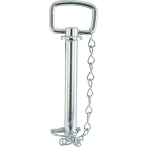 This image shows the Sparex Hitch Pin with Chain & Linch Pin, featuring a rectangular handle, an attached chain, and a retaining clip at the bottom. The pin has an overall length of 205mm and a working length of 157mm. Model: Sparex Part No. S.405.