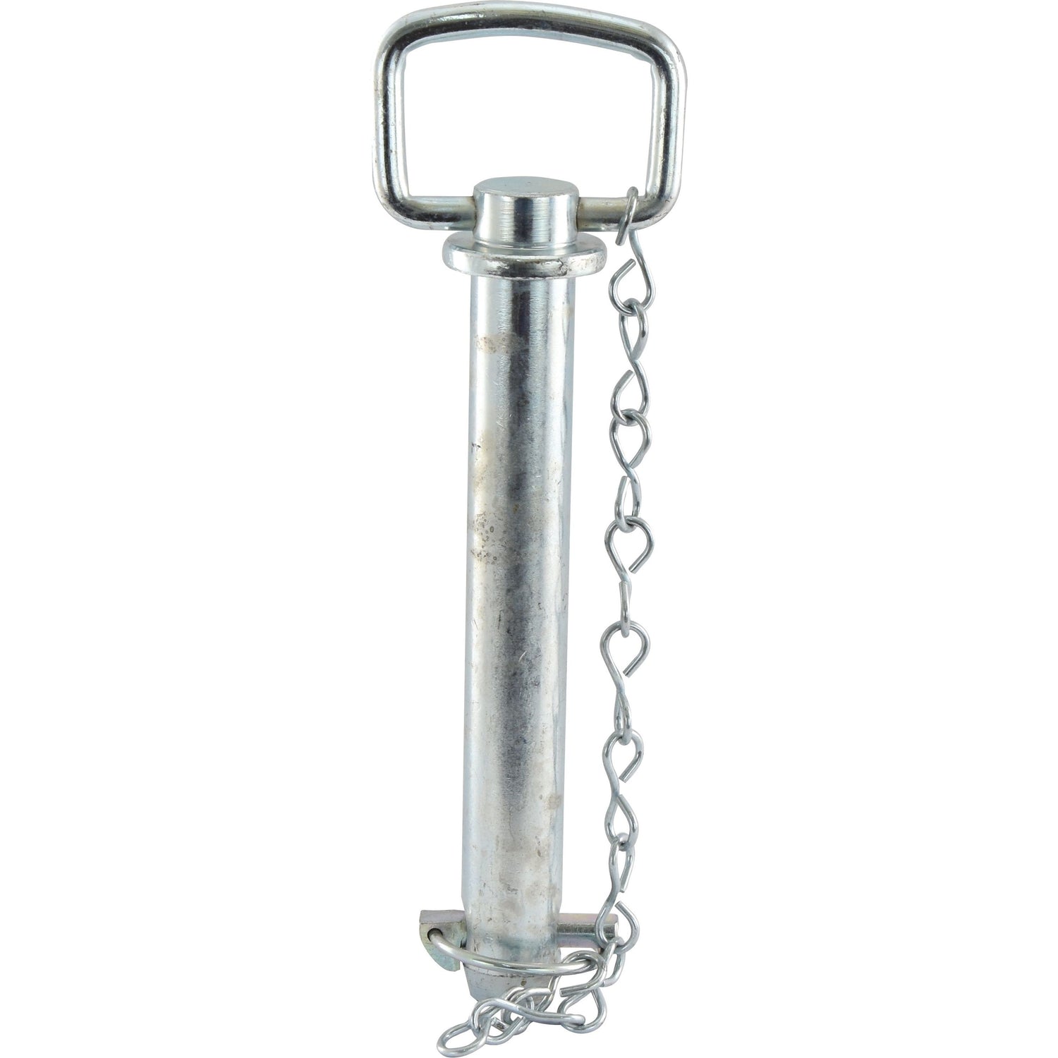 Introducing the Sparex Hitch Pin with Chain & Linch Pin (Sparex Part No. S.412), featuring a handle at the top, an overall length of 233mm, and a side-attached chain. This durable metal pin has a working length of 183mm and a diameter of Ø 28.6mm.