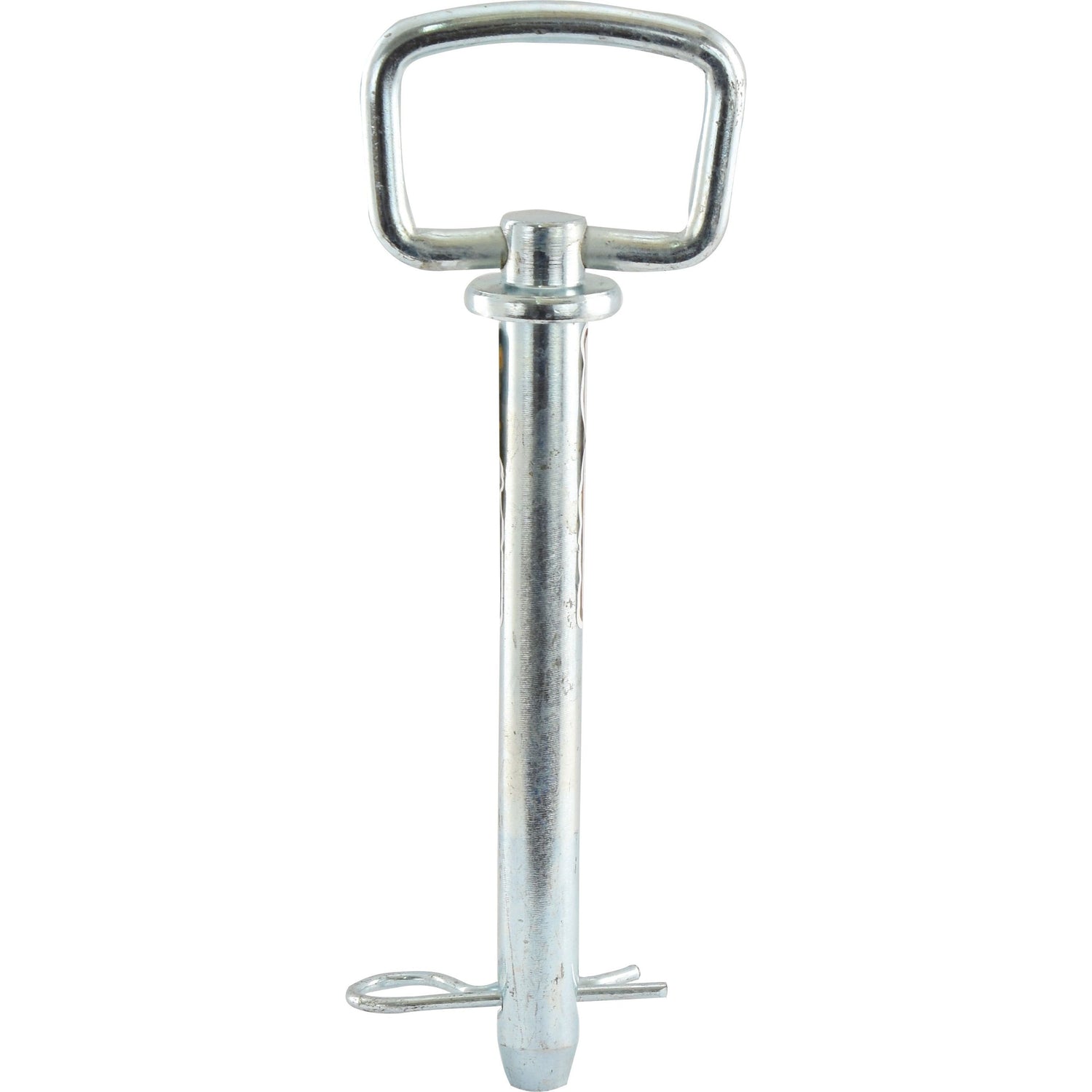 The Hitch Pin with Grip Clip 19x157mm by Sparex (Sparex Part No. S.3013) features a handle, a locking clip at the bottom, and enhanced security provided by the Grip Clip.