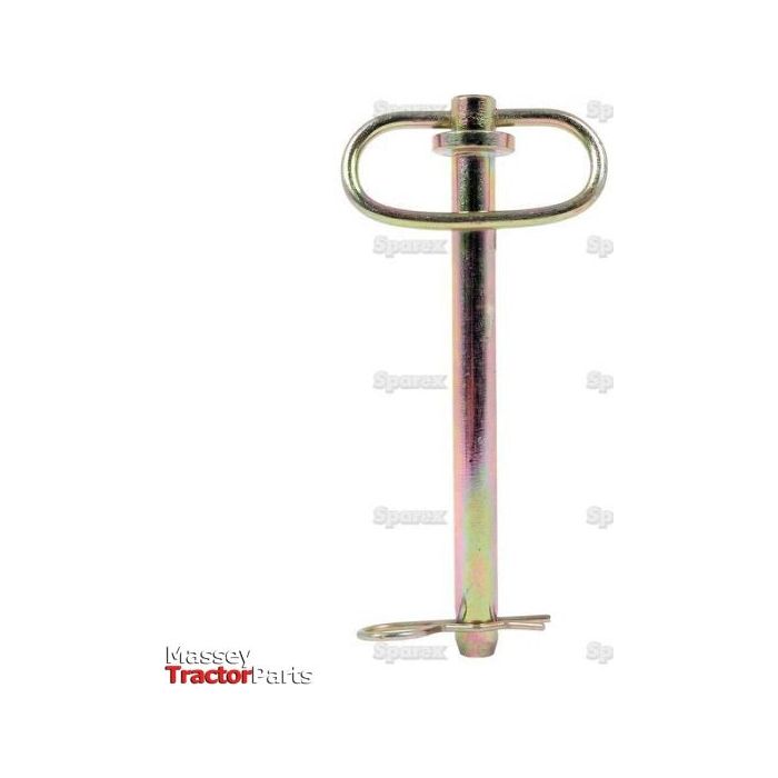 An image of the Sparex Hitch Pin with Grip Clip 16x162mm (Sparex Part No. S.52095) used in tractor parts, featuring a steel body, ring, and clasp mechanism. The item's background is white with the "Massey Tractor Parts" logo in one corner.
