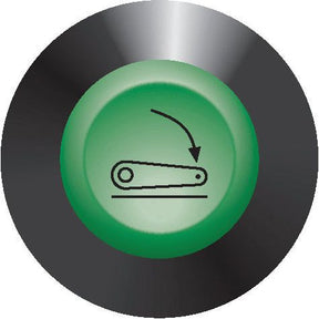 A round, green Hoisting Down Switch by Sparex (Part No. S.52833), featuring a symbol of a conveyor belt with an arrow indicating movement or operation direction, is commonly used in Case IH / International Harvester machinery.