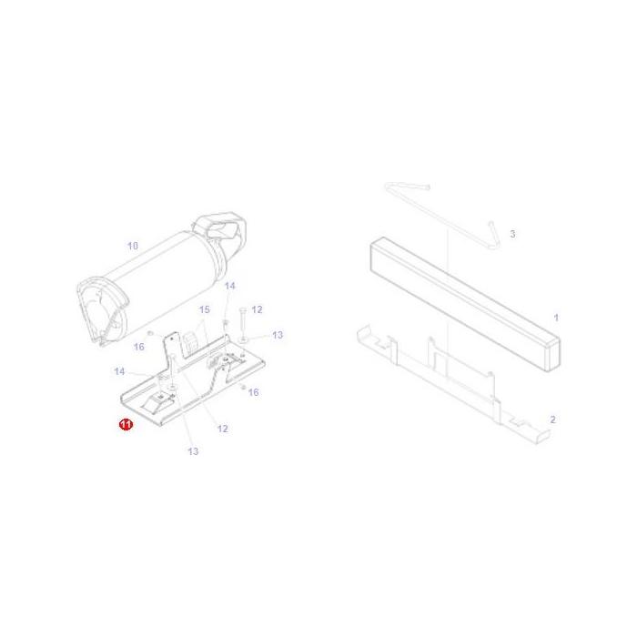 Exploded view diagram of a mechanical component with numbered parts, including a cylindrical object, a rectangular component, and various supporting pieces. This layout is tailored for Fendt models like the Fendt Vario SCR and shows precise assembly guidance for the AGCO branded product, "Fendt - Holder Fire Extinguisher - H737800600020".