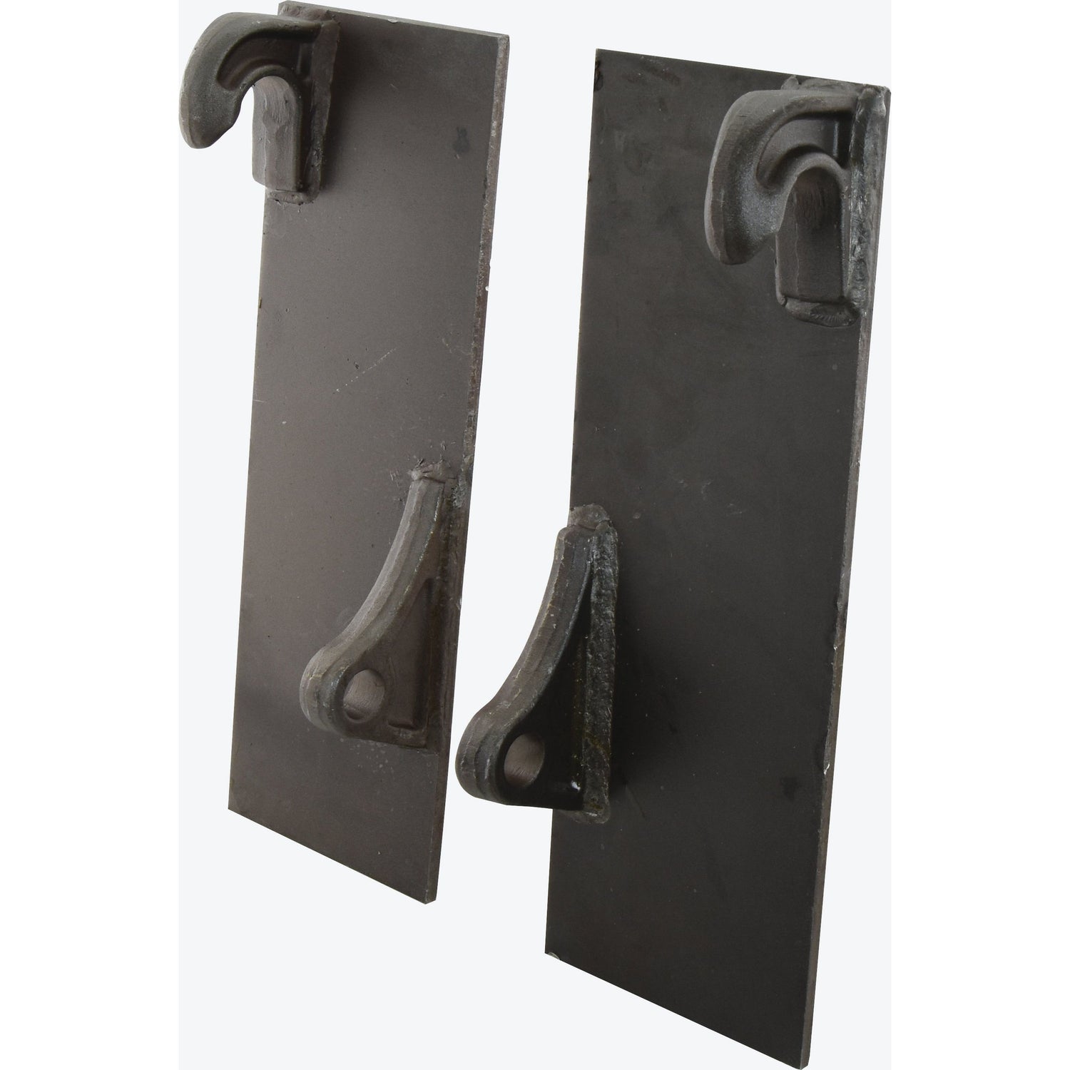 Two rectangular metal plates, with a thickness of 10.5mm, featuring large, curved hooks attached to one end of each are available as the Hook On Plate Set, RH & LH (Pair) by Sparex under Part No. S.130801.