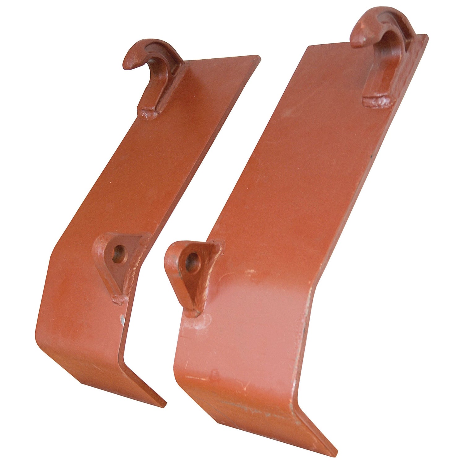 A pair of Hook On Plate Set, RH & LH (Sparex Part No. S.72466), featuring red oxide metal brackets with angled edges and hooks, designed for industrial or mechanical applications and compatible with ALO Quicke equipment by Sparex.
