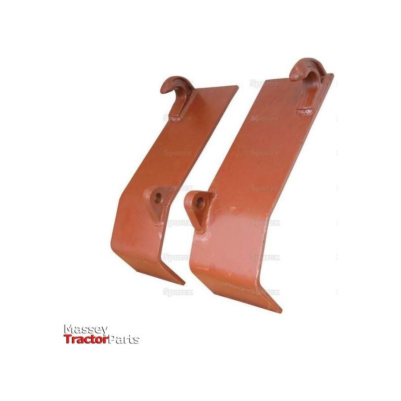 Two orange metal farm tractor parts, labeled "Hook On Plate Set, RH & LH (Pair) | Sparex Part No. S.72466" by Sparex, displayed against a white background, feature a Red Oxide finish.