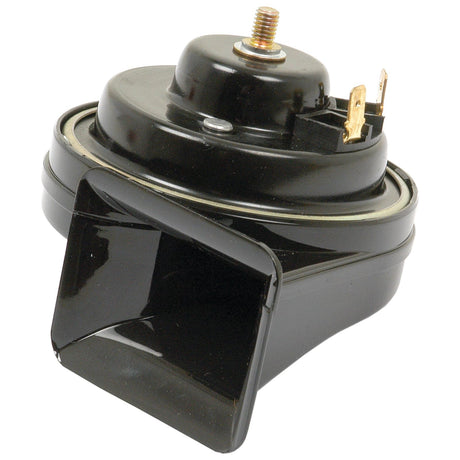 A Sparex horn (Agripak 1 pc.) with a rectangular opening, metal connections, and a threaded bolt for mounting, 12V black car horn with Sparex Part No.S.26416.
