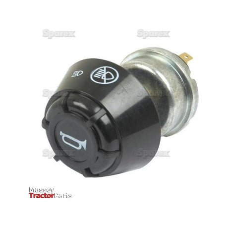 Close-up of a circular black Horn Switch, Sparex Part No. S.41444, featuring white headlight symbols and a horn icon, manufactured by Sparex, on a white background.