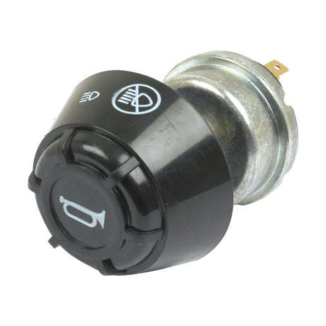 Close-up of the Horn Switch | Sparex Part No.S.41444 by Sparex, showcasing headlight and horn symbols on its black surface. The switch features a metallic base with electrical connectors ideal for seamless lighting integration.