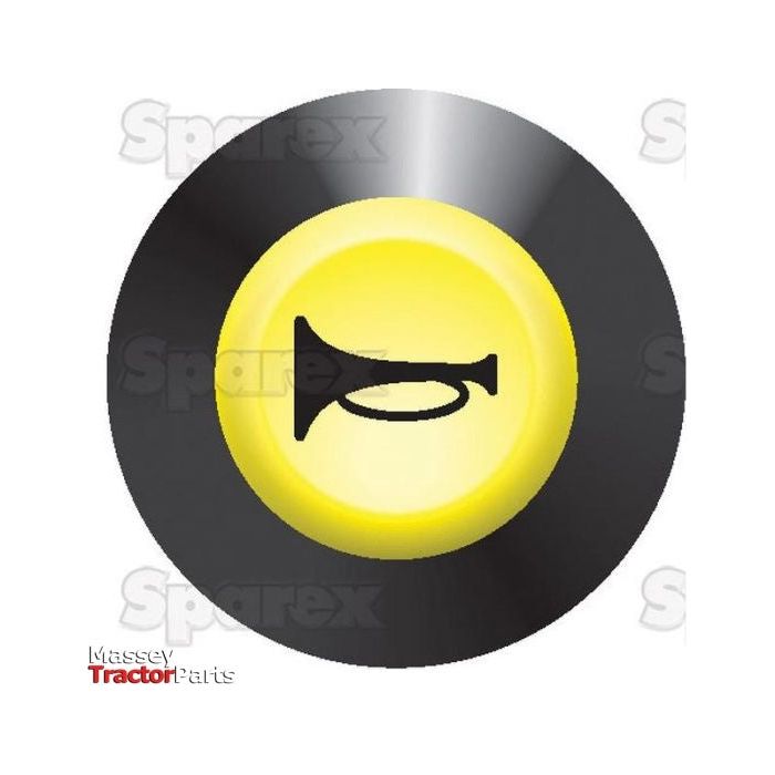 Illustration of the Horn Switch by Sparex (Part No. S.52837), showcasing a circular button with a black border and yellow center, featuring a black horn icon in the middle, suitable for 12/24V systems.