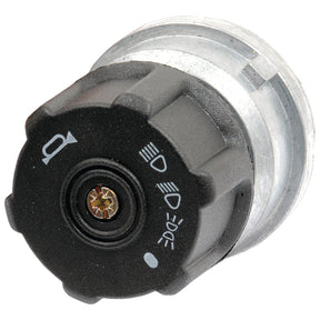 Close-up of a black and gray rotary switch, ideal for headlight settings in Ford/New Holland applications. This is the Sparex Horn and Light Switch, Part No. S.62283.
