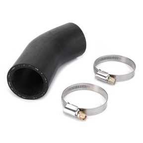 The Massey Ferguson - Hose - 4222846M91 by AGCO, featuring a black rubber hose with a bend and two accompanying metal hose clamps, is displayed on a white background—perfect for anyone in need of durable tractor parts or Massey Ferguson replacement components.
