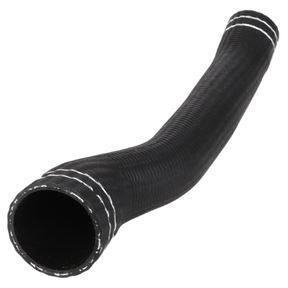 Fendt - Hose - 737200192013 by AGCO is a black, flexible hose made from reinforced silicone material, featuring white stitching on both ends. It is showcased on a white background and is perfect for use as an AGCO cooling hose compatible with Fendt models.