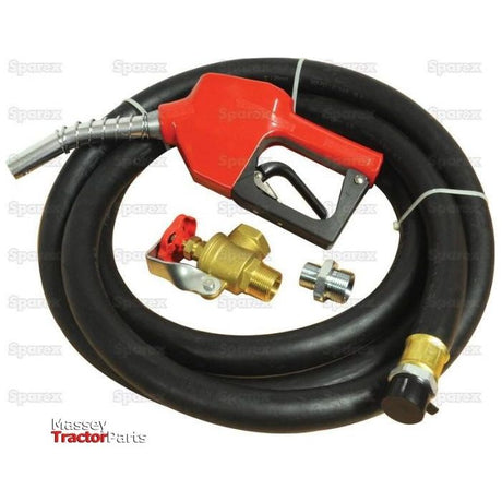 A coiled black hose with a red fuel nozzle, brass valve, and an assortment of fittings, showcased on a white backdrop featuring "Massey Tractor Parts" branding. The Hose Assembly (4m) - S.27840 by Sparex is ideal for various fuel systems and complies with all necessary specifications.