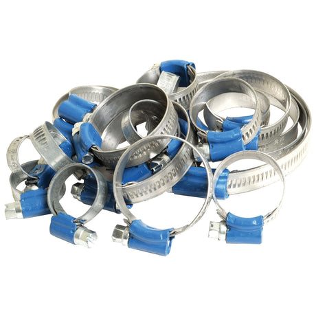 A pile of metal hose clamps with blue screw-tightening mechanisms and Sparex Agripak Hose Clip, Min Ø11mm, Max. Ø17mm, 10 pcs., scattered in an overlapping arrangement.