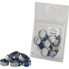 A package of 10 metal hose clips with blue tightening mechanisms, shown inside a clear plastic case with a few outside the package. These Sparex Agripak worm drive hose clips, with a minimum diameter of 16mm and a maximum diameter of 22mm (Sparex Part No. S.24385), offer durability and reliability for various applications.