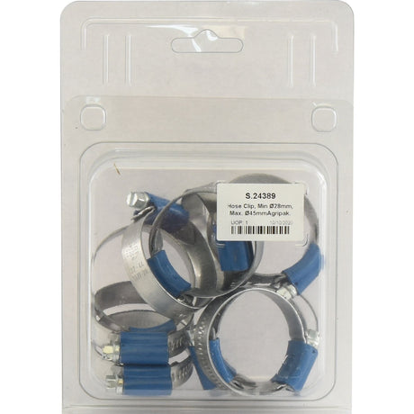 A clear plastic package contains ten Agripak metal hose clips with blue grips. The label reads, "S.24389, Hose Clip, Min Ø28mm, Max Ø45mm, Qty. 10.