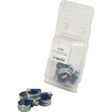 The Agripak from Sparex, under Part No. S.4382, includes four metal hose clamps with blue and silver coloring, along with an open worm drive hose clamp displaying the clamps outside the package; each clip has a minimum diameter of 8mm and a maximum diameter of 14mm.