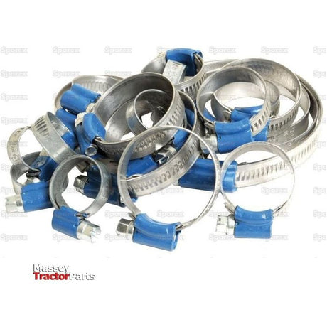 A collection of blue and silver metal Hose Clips, with a minimum diameter of 25mm and a maximum diameter of 40mm, from Agripak. The set includes 10 pieces and is identified by Sparex Part No.S.24388, displayed against a plain background.