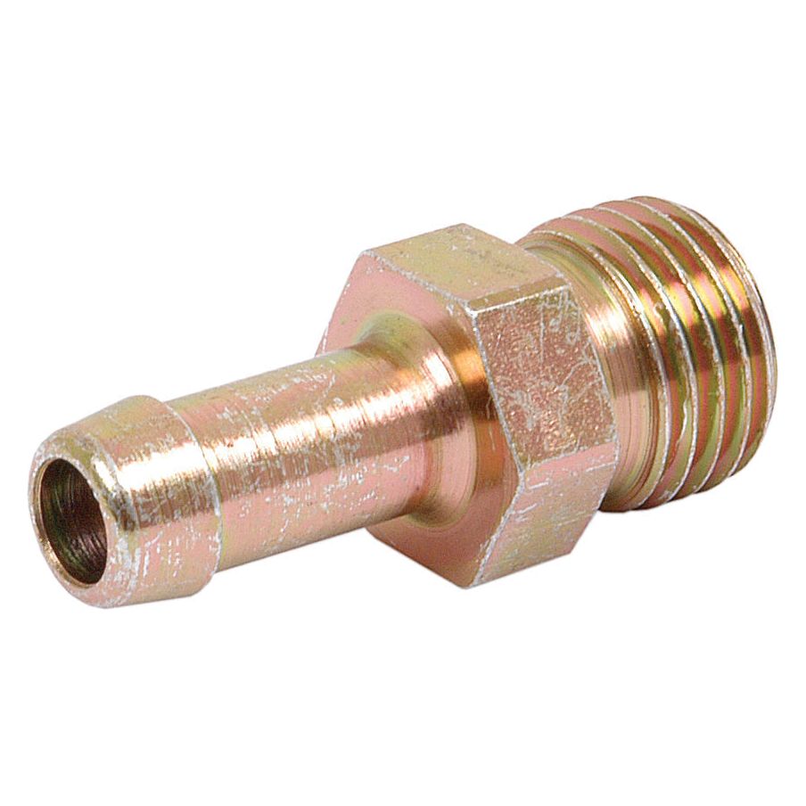 Close-up image of the Sparex TAIL CONNECTOR EXT THREAD M14 - S.31293, a brass hose barb with a hexagonal base and threaded male connector, suitable for various industrial applications.