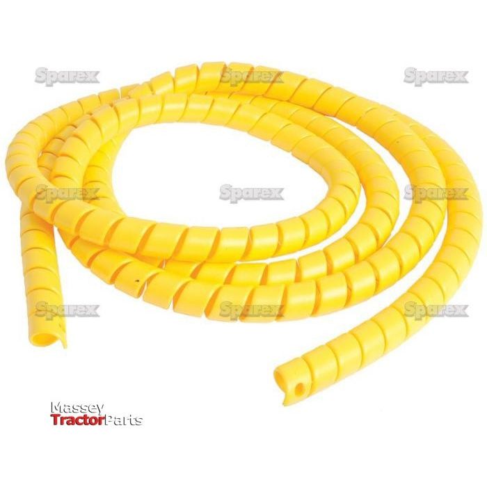 A coiled, yellow plastic Hose Guard Coil from Sparex, with an outer diameter of 25mm, a length of 3m, and a thickness of 2.5mm (S.22751), used for managing and protecting wires, is featured against a white background with the Massey Tractor Parts and Sparex logos visible.