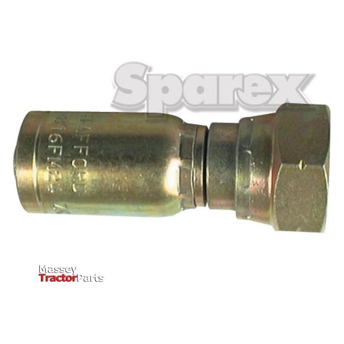 A brass hydraulic hose fitting with threaded ends, identified as the Sparex Hose Insert 1/4'' x Female - S.2321604, is shown. The background features the text "Sparex" and "Massey Tractor Parts." This fitting is designed to match a specific hose inner diameter, ensuring a secure and efficient connection.