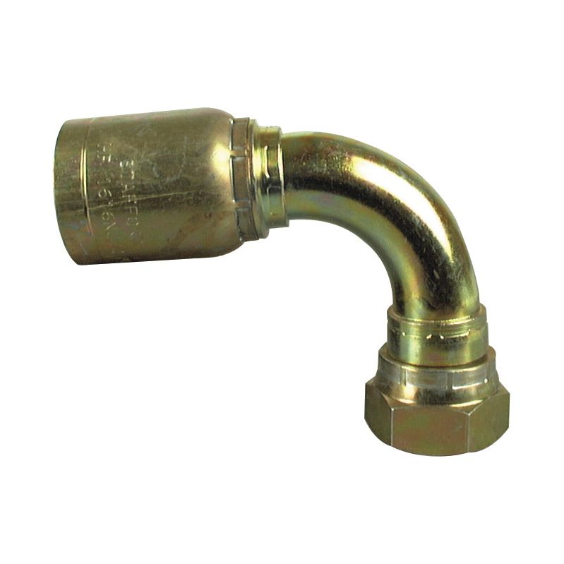 The Sparex Hose Insert 1/4'' x - S.2130404 is a brass pipe fitting with a 90-degree bend, featuring a female socket on one end and a hexagonal nut on the other, ideal for connecting to a DN06 hose.