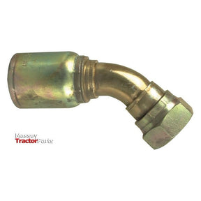 A brass-colored metal hydraulic fitting with an angled elbow on a white background, featuring the Massey TractorParts logo in the bottom left corner and specifications for Sparex Hose Insert 3/8'' x - S.2140606 inner Ø DN10.