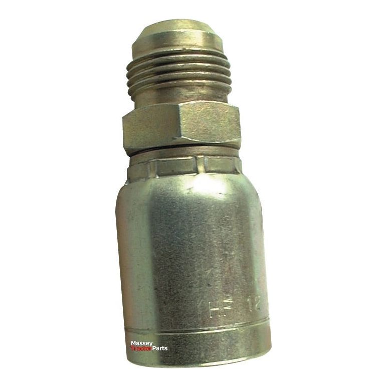 Close-up of the Sparex Hose Insert 3/8'' x - S.2210906, a metallic hydraulic fitting with a threaded end and a smooth cylindrical body marked "HF 12," suitable for connecting to hoses with an inner diameter of DN10.