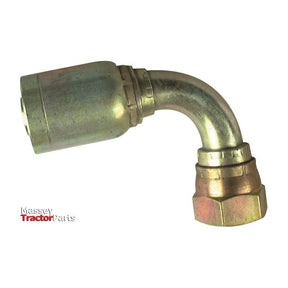 Close-up of the Sparex Hose Insert 3/8'' x - S.2230906, a metal hydraulic hose fitting with an angled bend, shown isolated on a white background. The Massey Tractor Parts logo is visible in the bottom left corner. This DN10 fitting highlights the precision needed for optimal performance within your machinery.