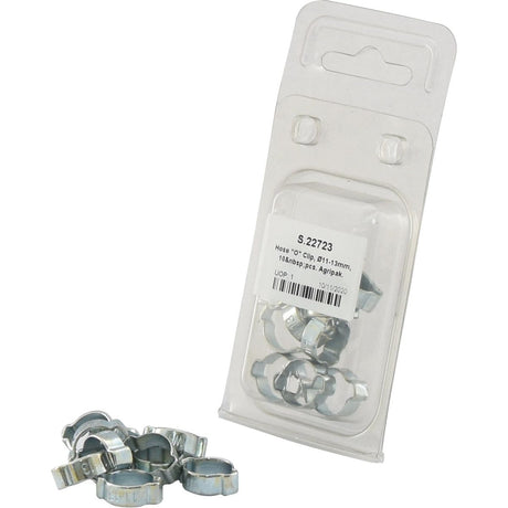 A plastic package labeled "Hose 'O' Clip, Ø11-13mm, 10 pcs. Agripak | Sparex Part No. S.22723" is displayed against a white background, with a few Sparex hose clamps placed outside the unopened package.