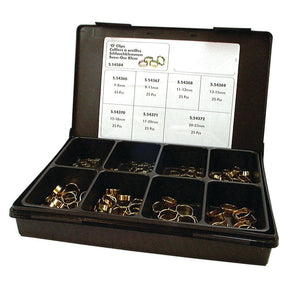 A plastic case containing multiple compartments filled with various sizes of metallic Hose O Clips, specifically Sparex Part No. S.14584, which includes Ø7-23mm clips in a total of 175 pieces. The inside lid displays a chart listing the sizes and quantities of the Sparex clips in both inches and millimeters.