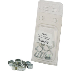 A package containing Sparex Hose "O" Clips (Part No. S.22722) with some ear clamps placed outside the packaging. The label on the package indicates the size as Ø9-11mm and contains 10 pieces.