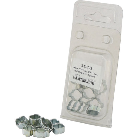 A sealed plastic package containing Hose ''O'' Clips, Ø9-11mm, 10 pcs is shown, with a few clips placed outside the package. The label indicates the item number S.22722 and specifications, proudly bearing the Sparex brand.