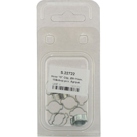 A plastic packaging containing 10 metal hose "O" clips (Ø9-11mm) features a label reading "Sparex Part No. S.22722, Hose 'O' Clip, Ø9-11mm, 10 pcs., Agripak." These reliable ear clamps from Sparex ensure secure attachment for your hoses.