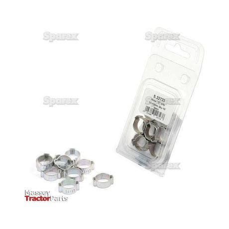 A clear plastic package labeled "S.22723" containing multiple silver metal hose clips, with eight additional clips displayed outside the package. The text "Massey Tractor Parts" and a small Sparex logo are visible.