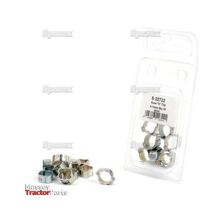 A blister pack labeled "Sparex Part No. S.22722," containing ten Hose ''O'' Clips of diameter Ø9-11mm from Agripak, with several loose clips placed in front of the pack.