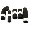 Five black rubber hoses with white labels. The Hose Set from Sparex (Part No. S.43006) comes in different sizes; two are bent at an angle while three are straight, suitable for various Massey Ferguson models.