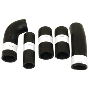 Five black rubber hoses with white labels. The Hose Set from Sparex (Part No. S.43006) comes in different sizes; two are bent at an angle while three are straight, suitable for various Massey Ferguson models.