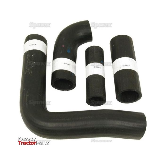A set of four black rubber tractor engine hoses, each uniquely shaped and sized, arranged on a white background with labels displaying part numbers. These high-quality components are from Sparex's Hose Set (Sparex Part No. S.43007), designed for Massey Ferguson models including the MF135.