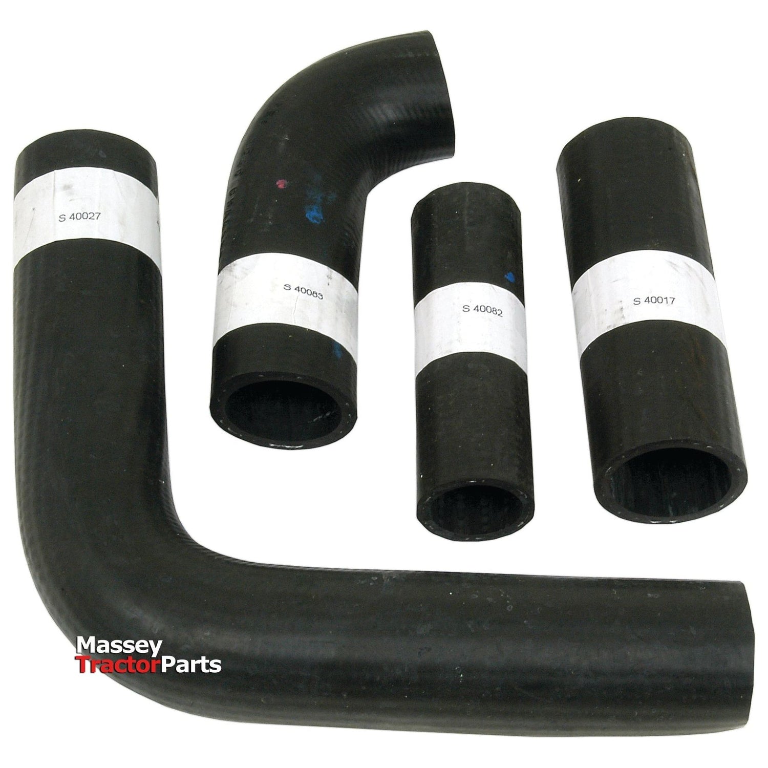 Four black rubber hoses with white labels, varying in length and curvature, displayed on a white background. The text "Massey Tractor Parts" is visible in the bottom left corner. Ideal for Massey Ferguson 135 models, these hoses are part of the reliable Sparex series, specifically the Hose Set (Sparex Part No.S.43008).