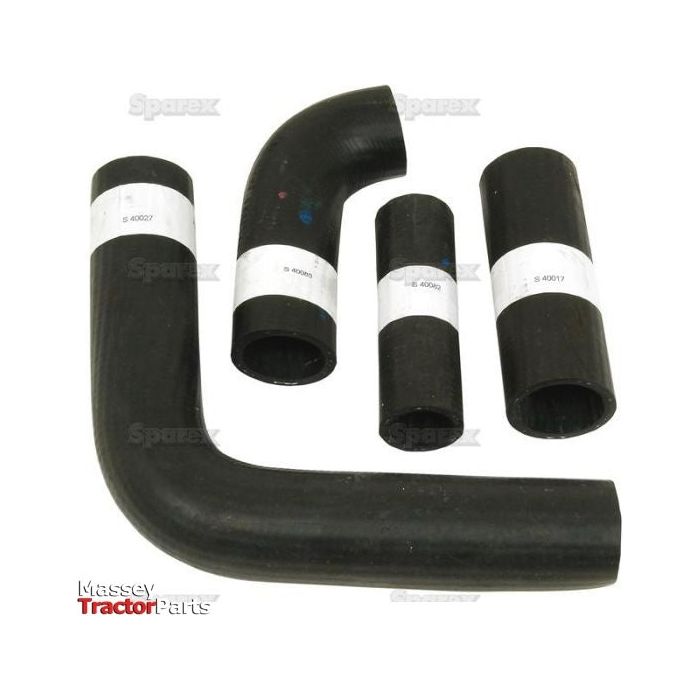 Four black rubber hoses of varying lengths and diameters, some with white labels, are displayed on a white background. The label reads "Sparex Hose Set | Sparex Part No.S.43008" suitable for models like the Massey Ferguson 135.