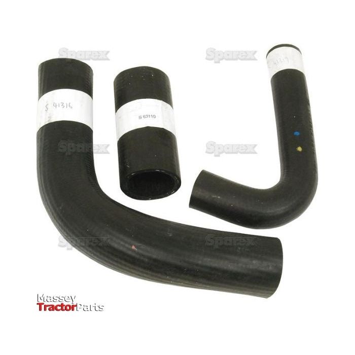 Three black rubber hoses, each featuring a white label, are displayed against a white background. The hoses have varying bends and lengths. The image includes the logo "Massey Tractor Parts," highlighting high-quality Massey Ferguson hoses for various applications under the Sparex brand. This is specifically the Hose Set, Sparex Part No. S.43012.