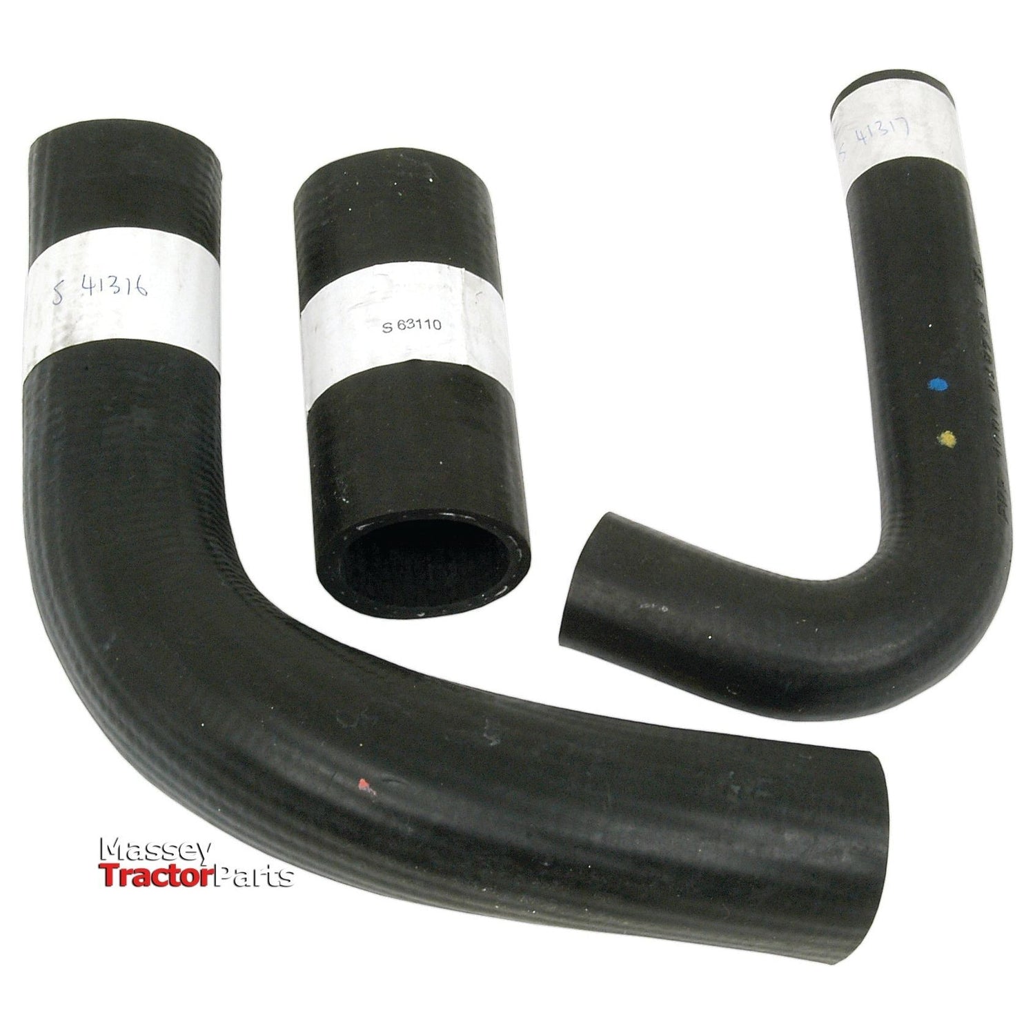 Three black rubber hoses of varying shapes and sizes with product labels, displayed against a white background. The hoses are labeled with the brand name "Sparex" and identified as Massey Ferguson Hose Set | Sparex Part No. S.43012, ensuring quality and reliability for your agricultural needs.
